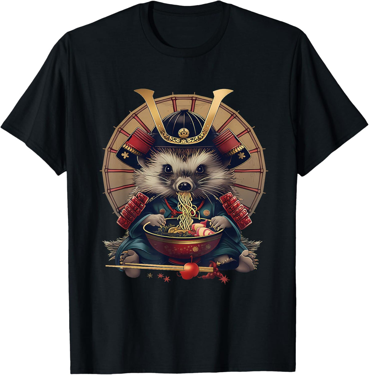Hedgehog Eating Ramen Samurai Warrior Hedgehog Noodle Art T-Shirt - Black