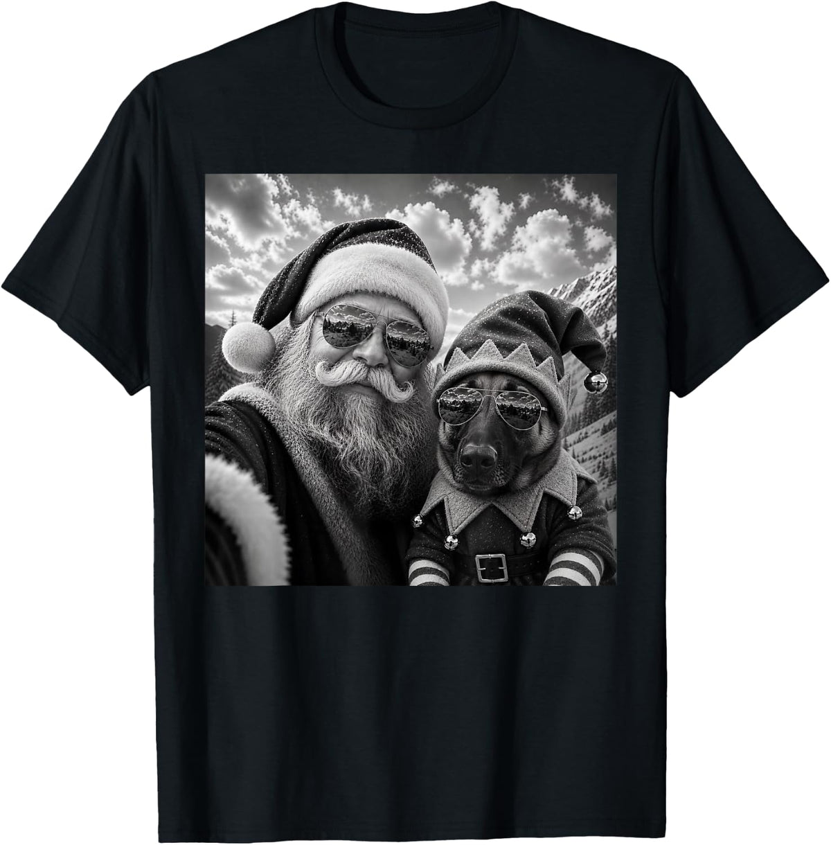 Funny Santa Selfie with Belgian Malinois Dog Christmas T-Shirt - Black