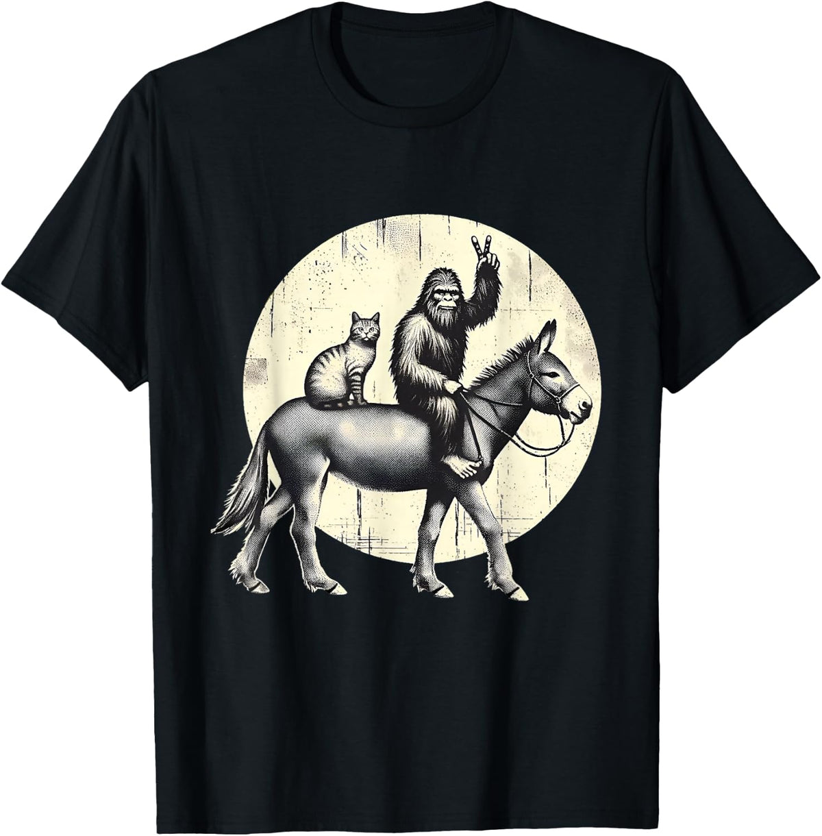 Funny Bigfoot Sasquatch Cat Riding Donkey Peace Sign T-Shirt Tees For Men Women Kids - Black