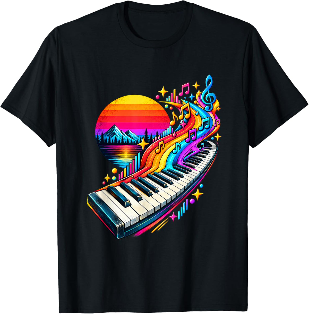 Colorful Piano Music Mountain Sunset Landscape Art T-Shirt - Black