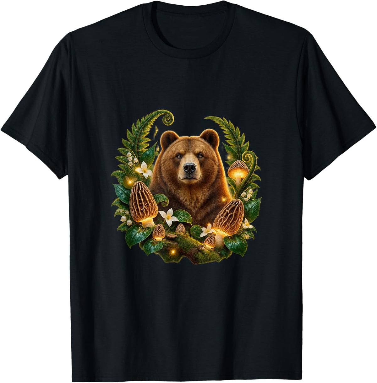 Woodland Bear Among Golden Morels T-Shirt - Black