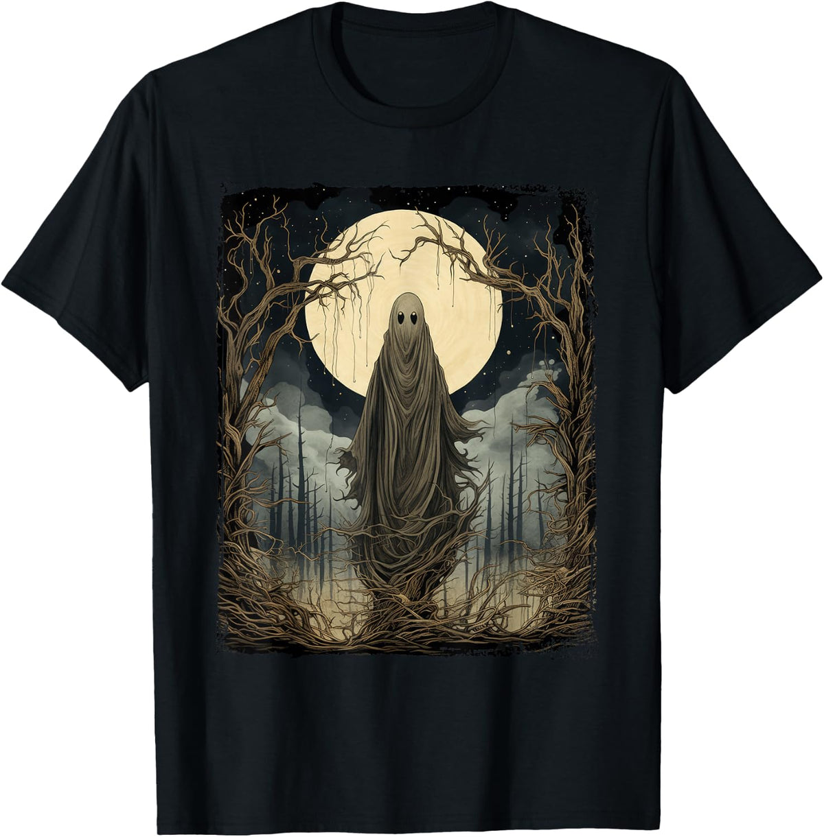 Vintage Art Men Women Retro Scary Gothic Halloween Ghost T-Shirt - Black