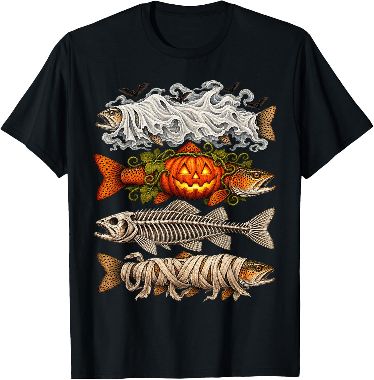 Halloween Trout Fish Ghost Pumpkin Skeleton Mummy T-Shirt - Black