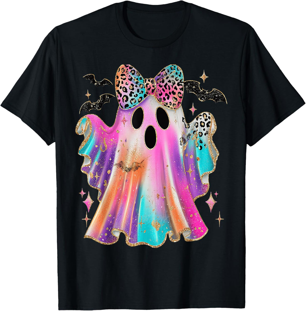 Leopard Coquette Ghost Halloween Spooky Season Fall Autumn T-Shirt - Black