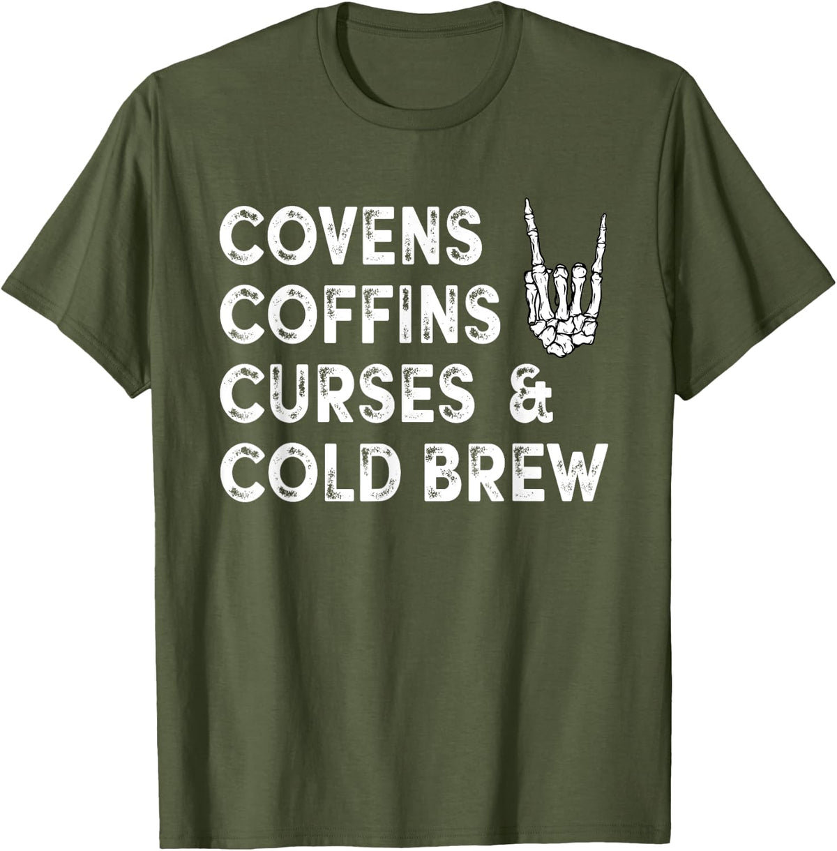 Covens Coffins Curses Cold Brew Fall Halloween Spooky Season T-Shirt - Olive Green
