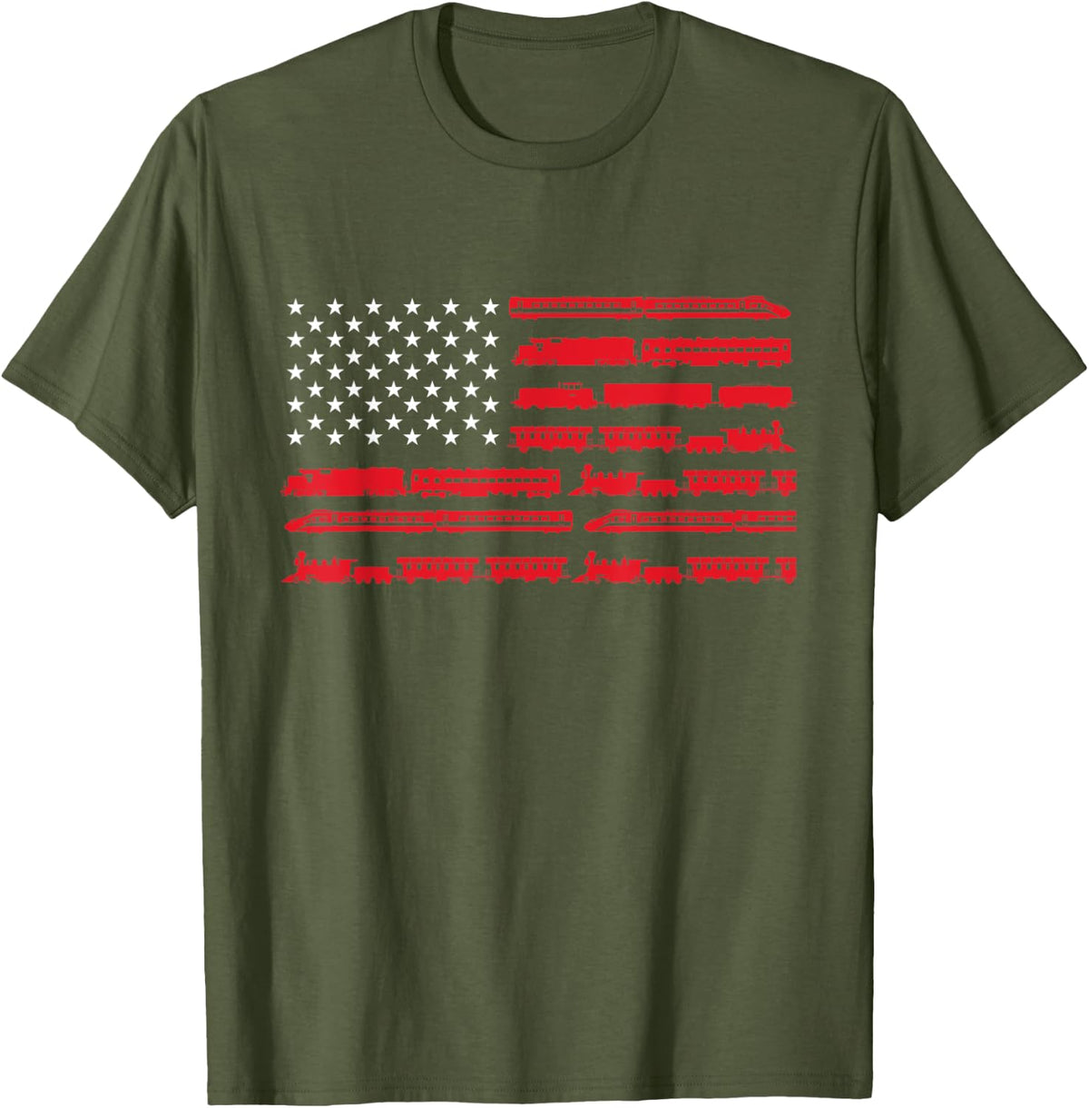 Model Train American Flag Trains - Railroad Scale HO N Gift T-Shirt - Olive Green
