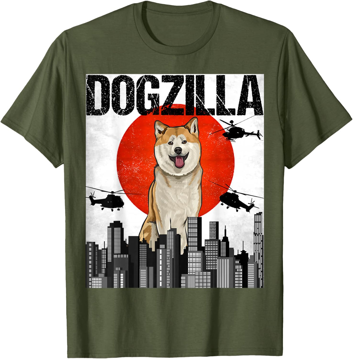 Funny Vintage Japanese Dogzilla Akita T-Shirt - Olive Green
