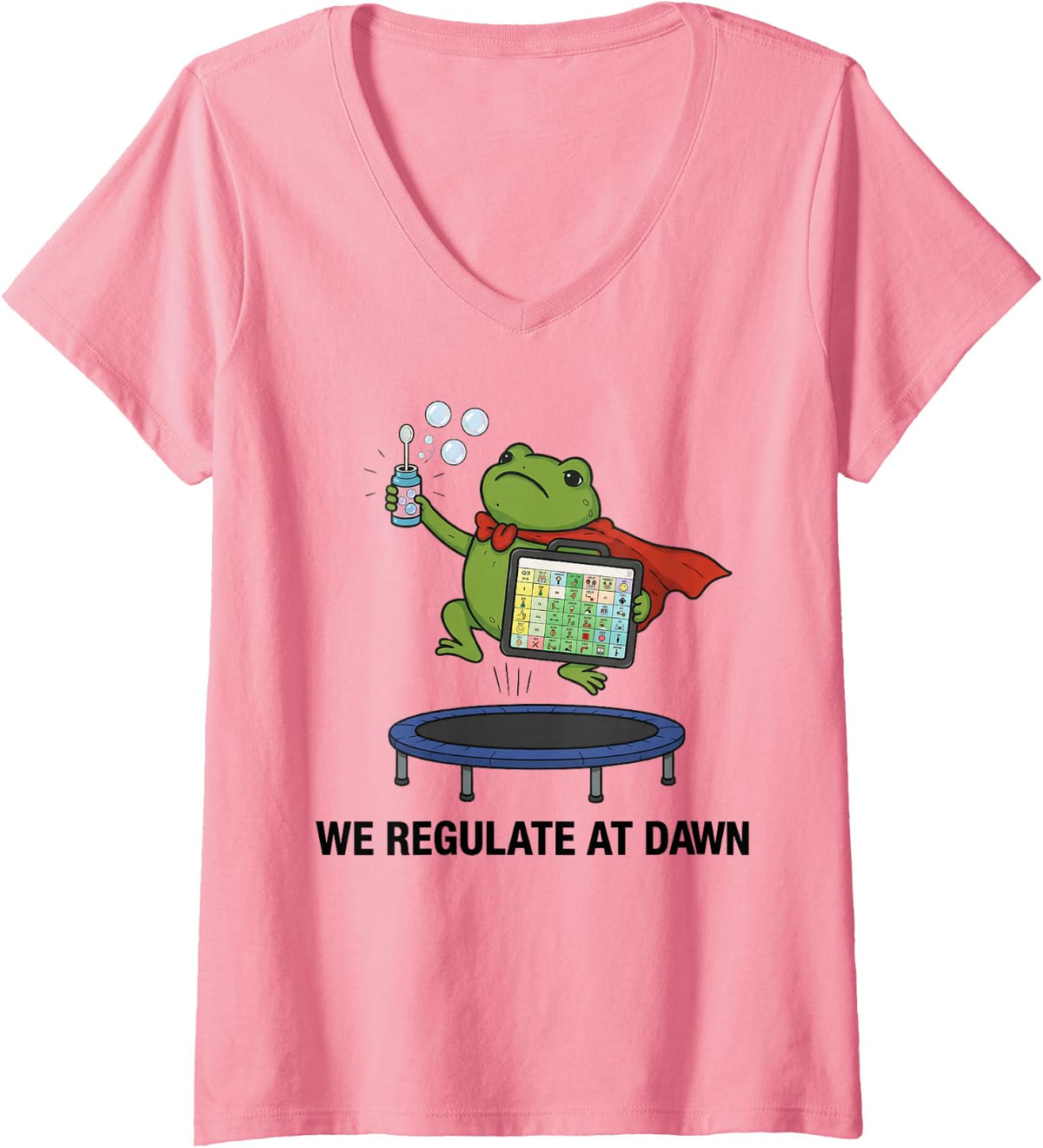 Women's We Regulate At Dawn Frog AAC Speech Therapy Neurodiversity V-Neck T-Shirt - Pink