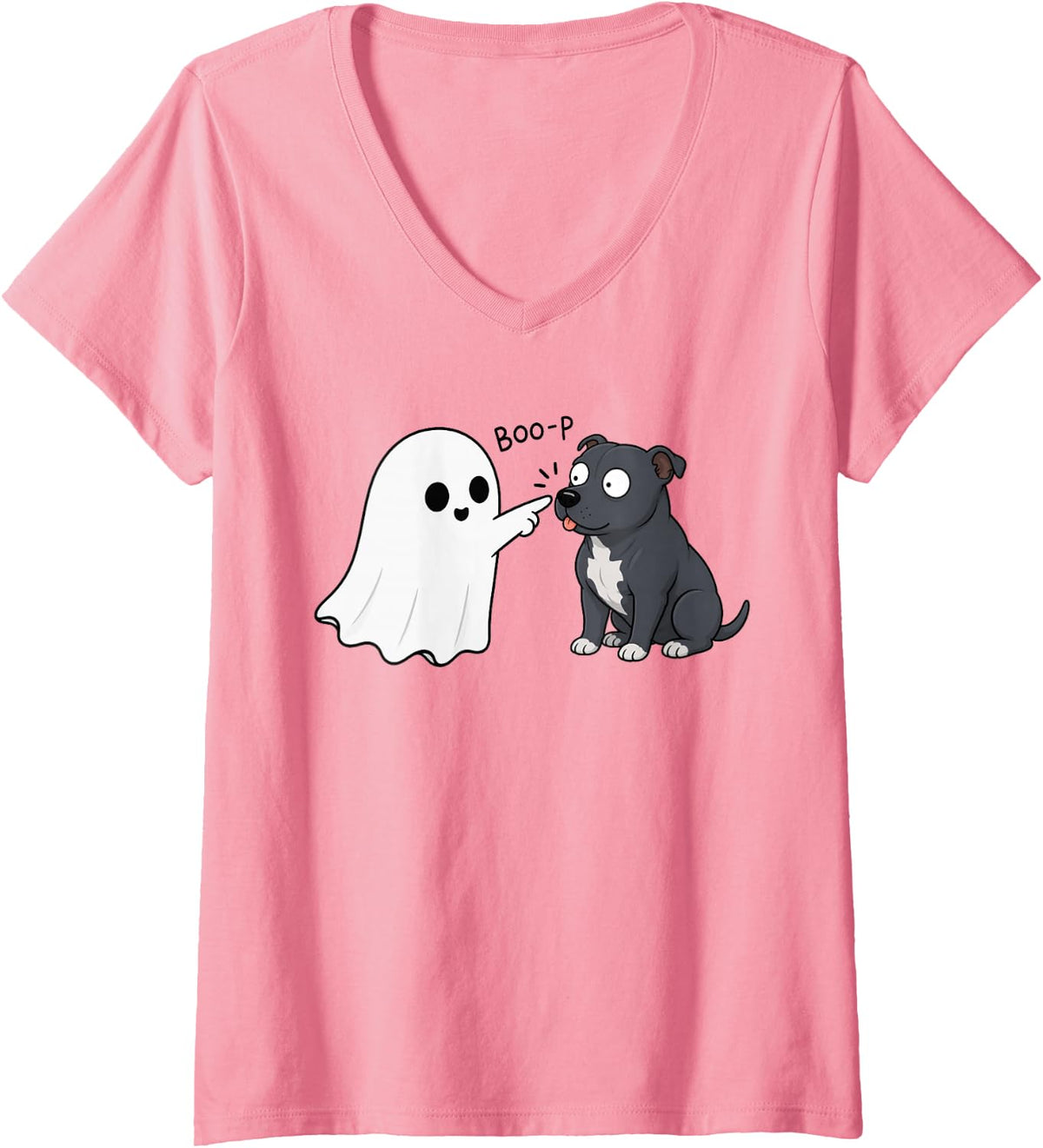 Women's Cute Staffordshire Bull Terrier Dog Boop Ghost Halloween V-Neck T-Shirt - Pink
