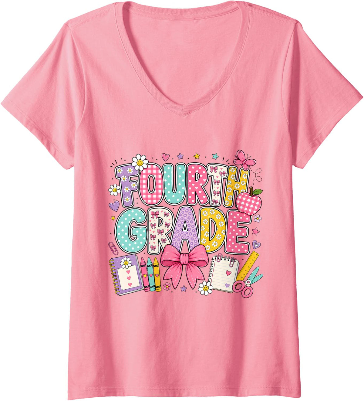 Women's Fourth Grade Boy Girl Teacher Back to School 4th Grade V-Neck T-Shirt - Pink