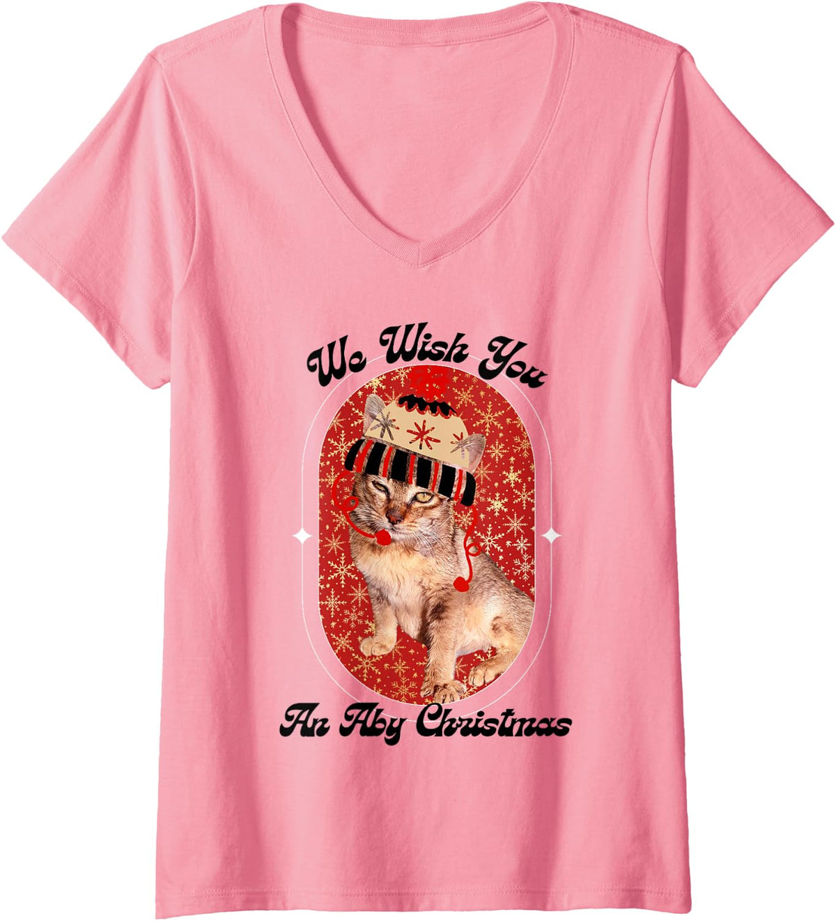 Women's Abyssinian Cat Christmas Hat and Snowflakes V-Neck T-Shirt - Pink