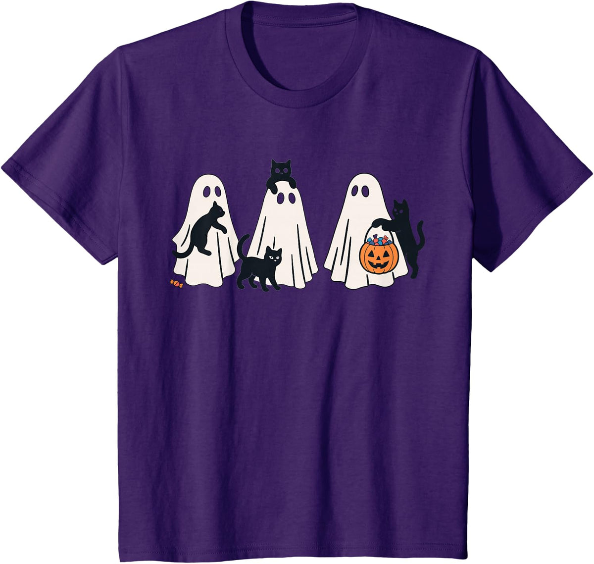 Cute Black Cats and Ghosts Funny Halloween Costume T-Shirt - Purple