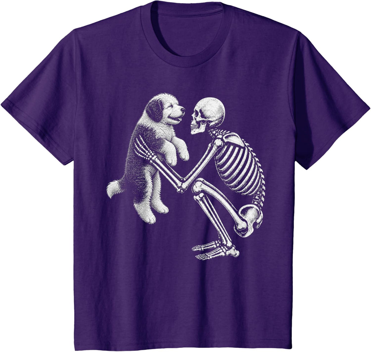 Skeleton Holding Sheepadoodle Retro Halloween Doodle Dog T-Shirt - Purple