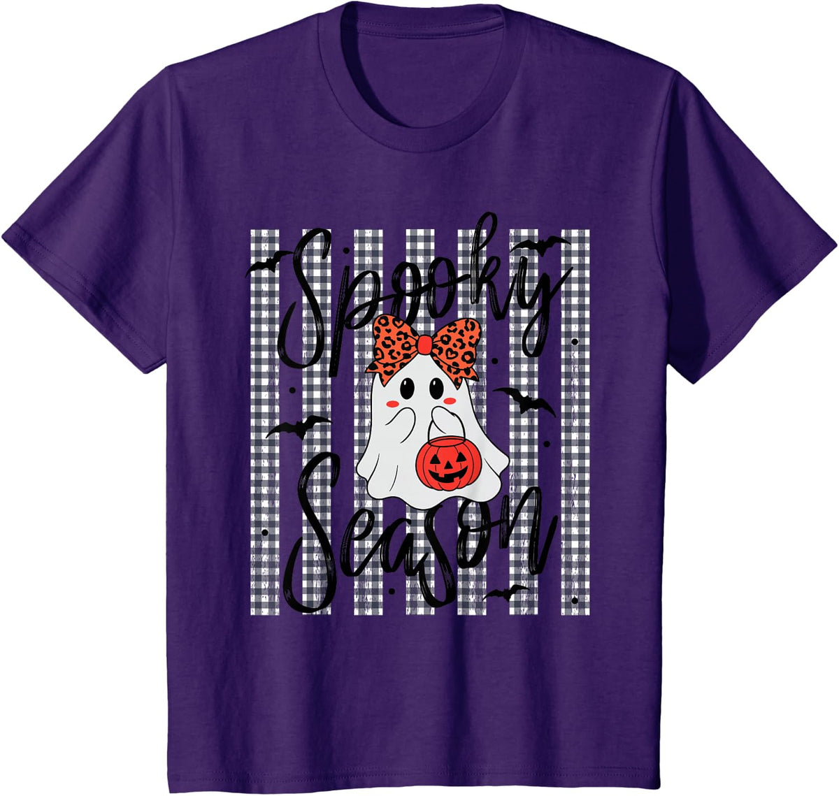 Funny Halloween Gingham Striped Spooky Season Cute Ghost T-Shirt - Purple