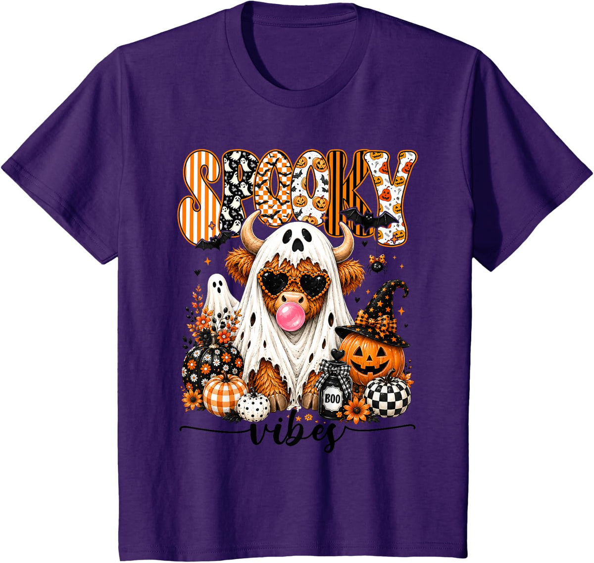 Spooky Vibes Highland Cow Blowing Bubble Gum Ghost Halloween T-Shirt - Purple