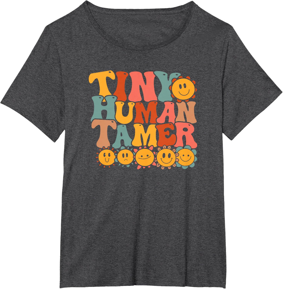Tiny Human Tamer Retro Groovy Preschool Kindergarten Teacher T-Shirt - Dark Heather Grey