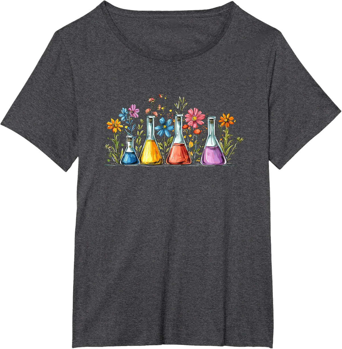 Laboratory Floral Beakers Chemistry Lab Scientist Biology T-Shirt - Dark Heather Grey