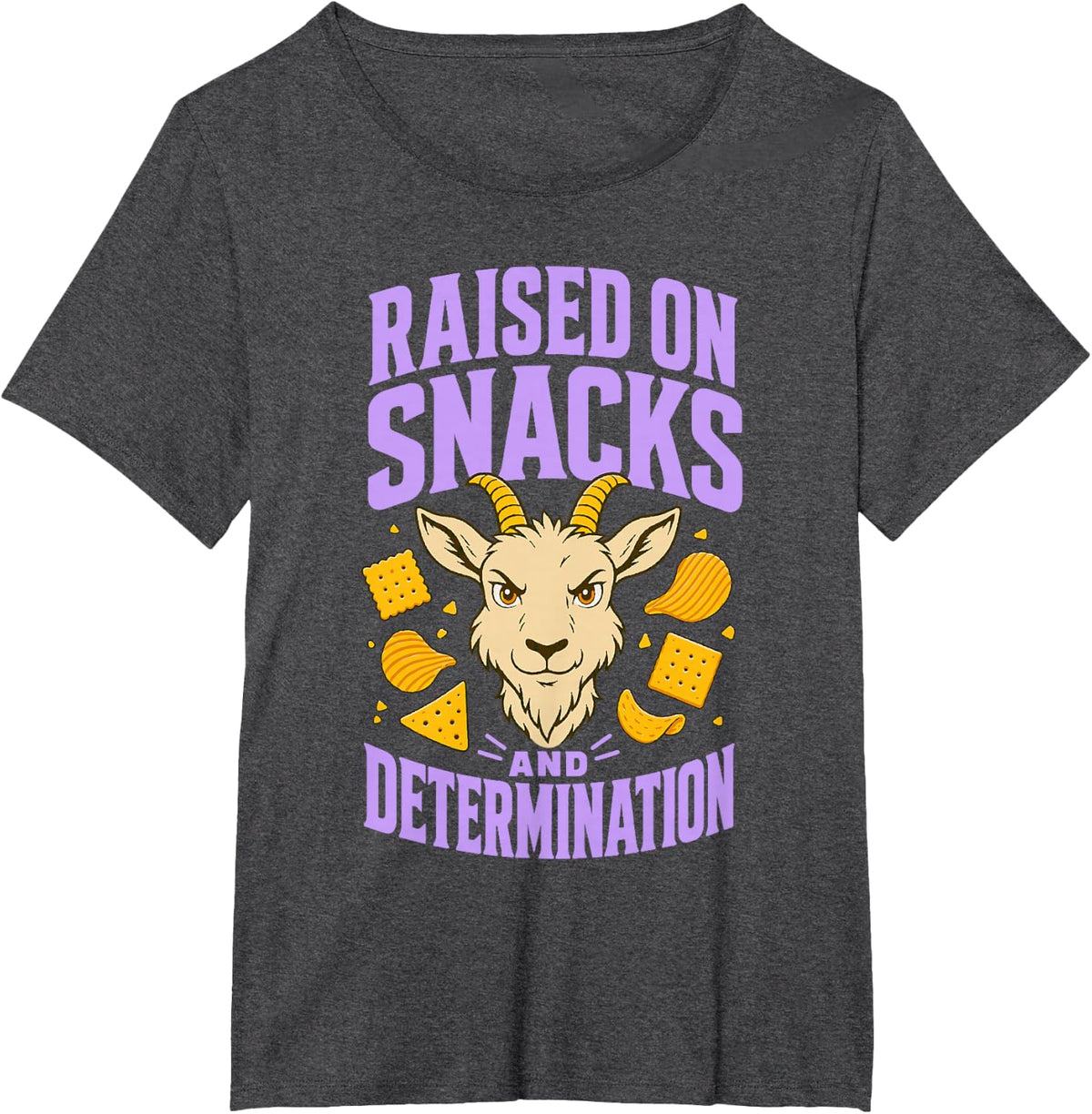 Raised On Snacks and Determination Goat T-Shirt - Dark Heather Grey