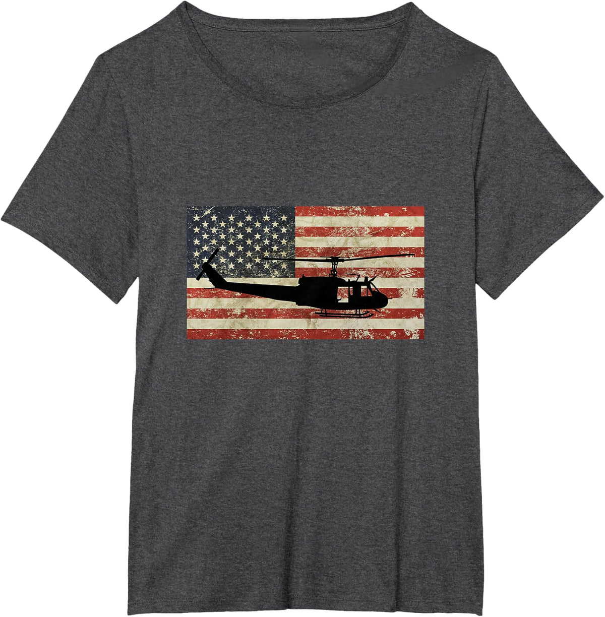 Vintage American USA Flag Huey Helicopter Military Pilot T-Shirt - Dark Heather Grey