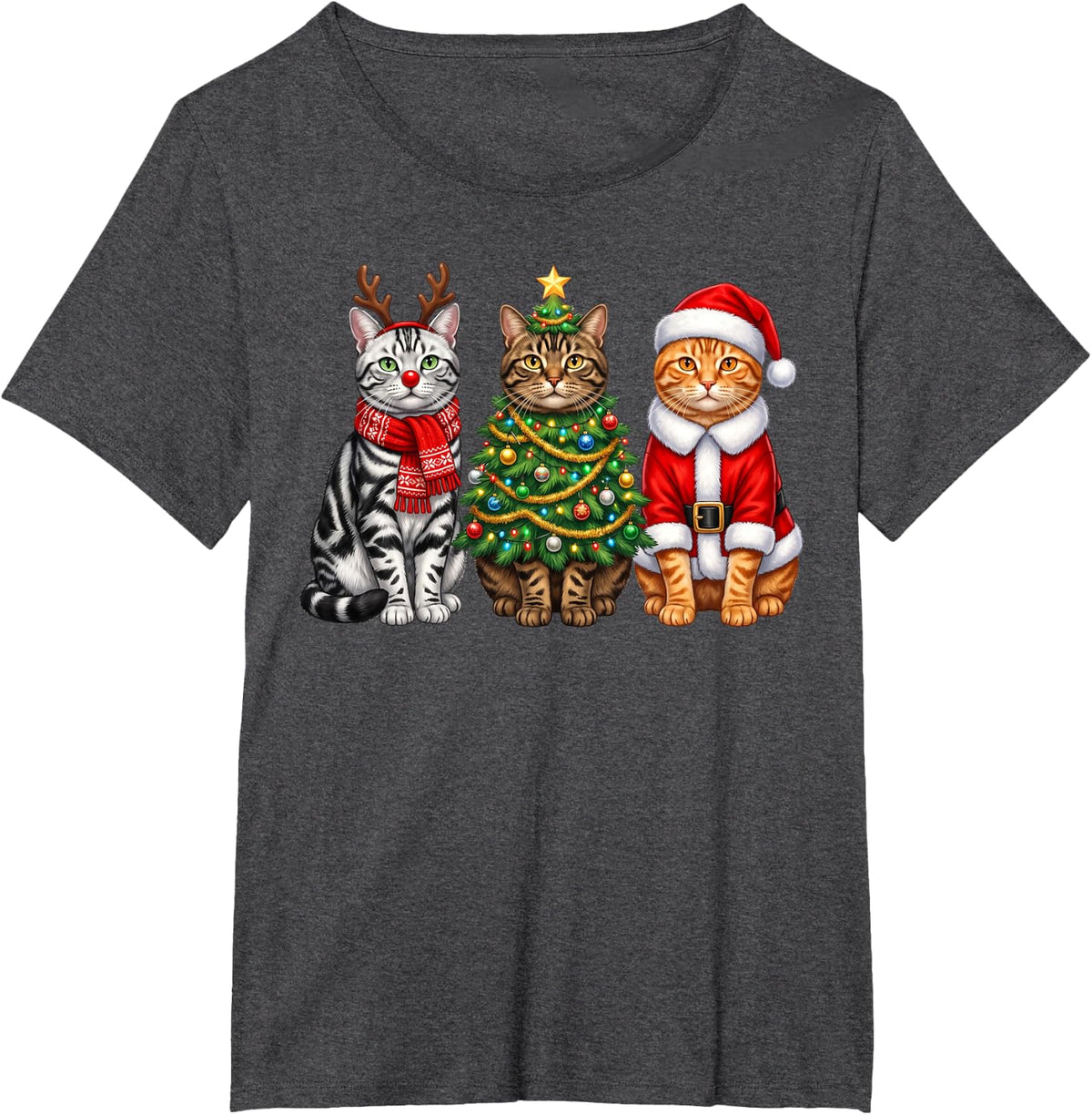 Retro Christmas American Shorthair Santa Reindeer Cat Lover T-Shirt - Dark Heather Grey