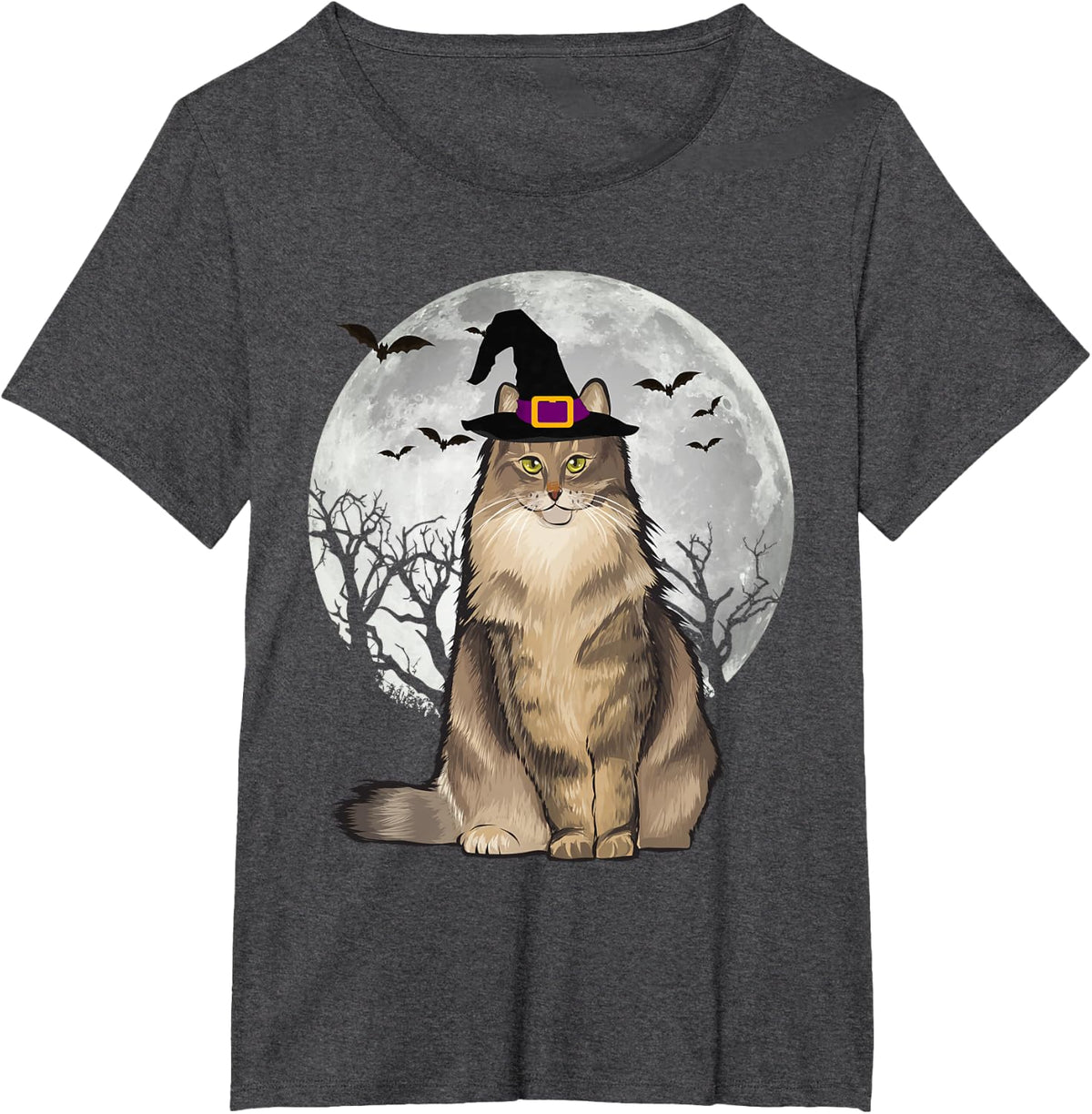 Scary Norwegian Forest Cat Witch Hat Halloween T-Shirt - Dark Heather Grey