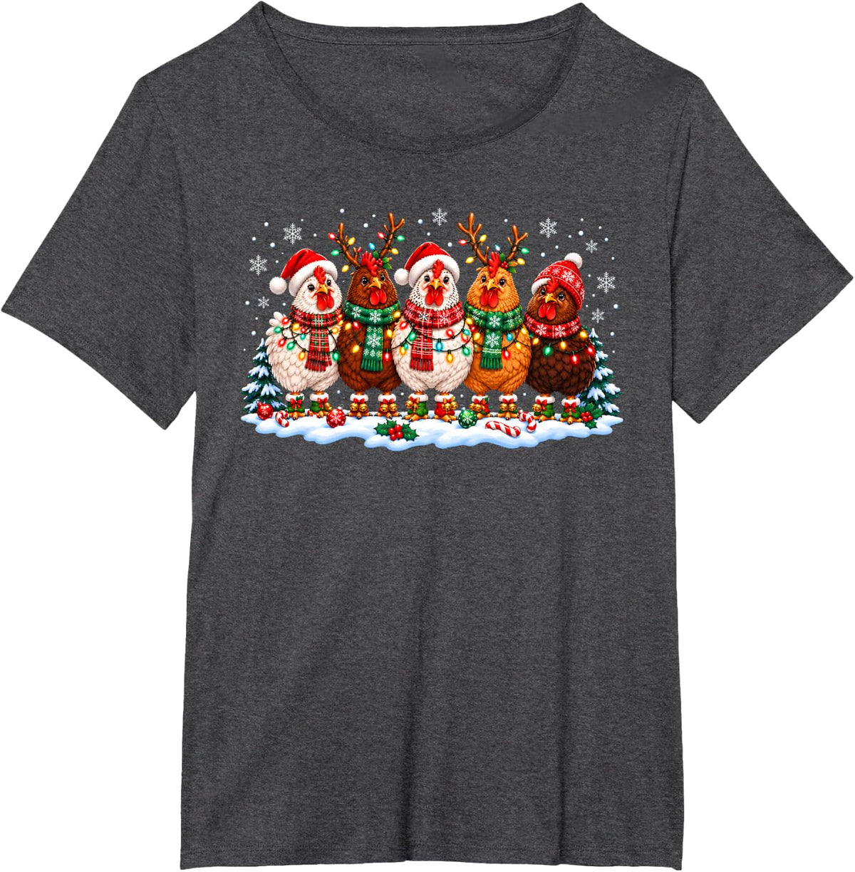 Funny Christmas Chicken Lover Lights Xmas Farm Holiday T-Shirt - Dark Heather Grey