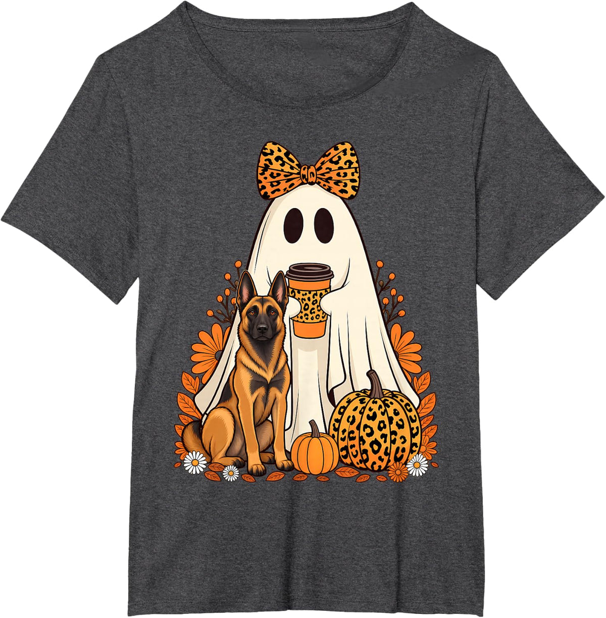 Halloween Ghost Belgian Malinois Coffee Pumpkin Floral Fall T-Shirt - Dark Heather Grey