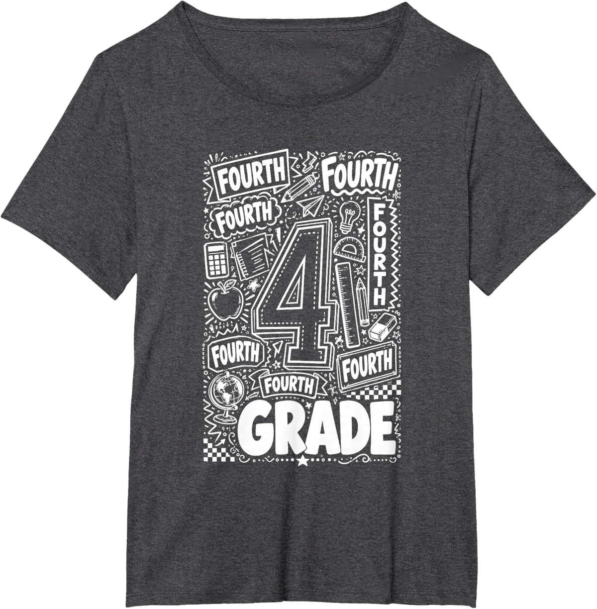 Fourth Grade School Doodle Typography T-Shirt - Dark Heather Grey