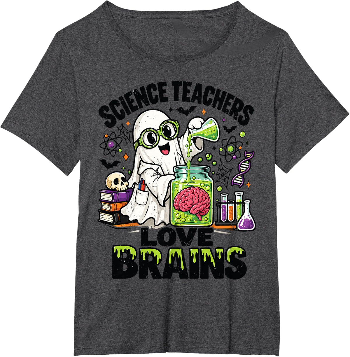 Ghost Science Teachers Love Brains Biology Halloween Costume T-Shirt - Dark Heather Grey