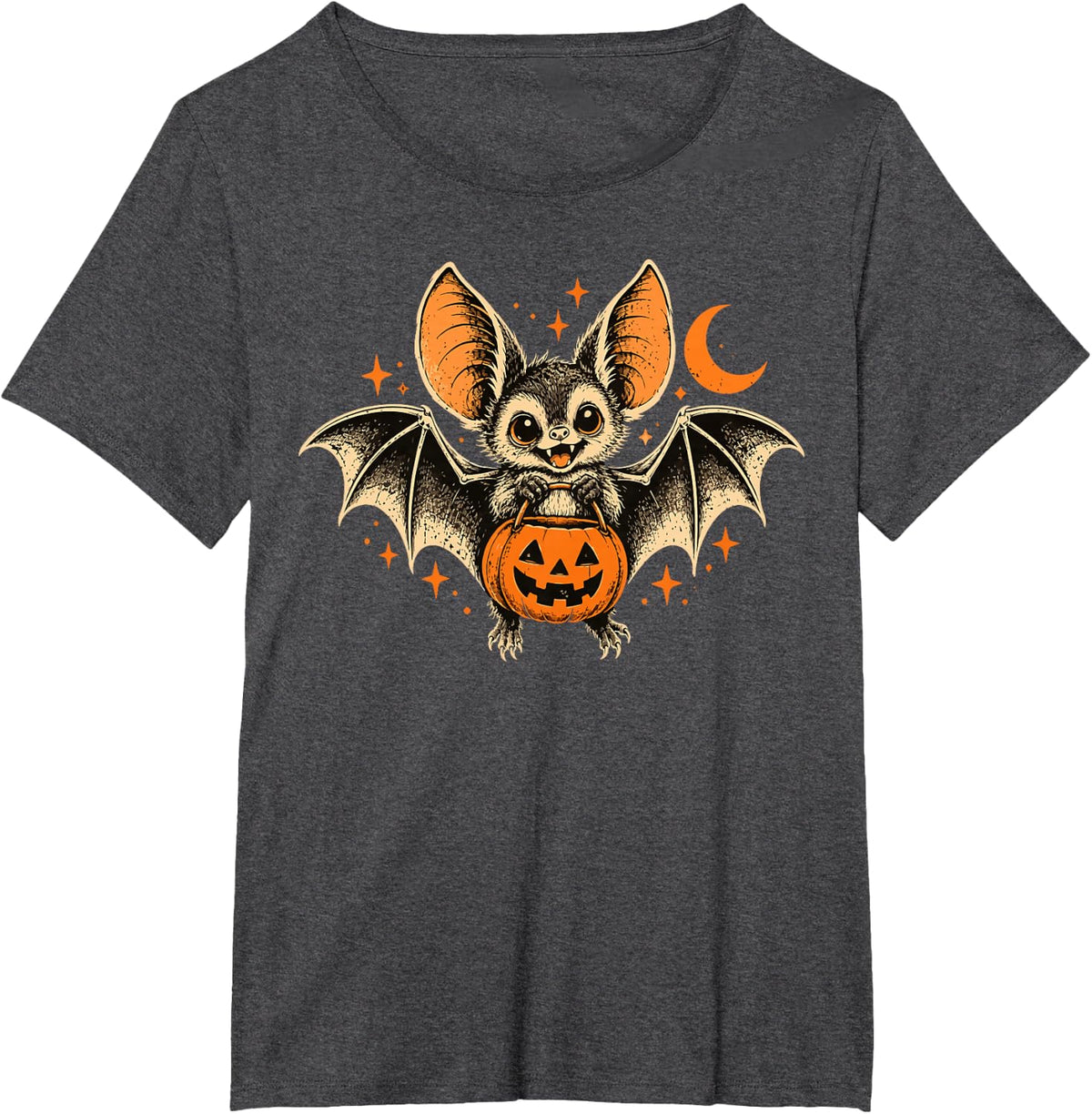 Retro Halloween Bat Spooky Season Bat Jack O Lantern T-Shirt - Dark Heather Grey