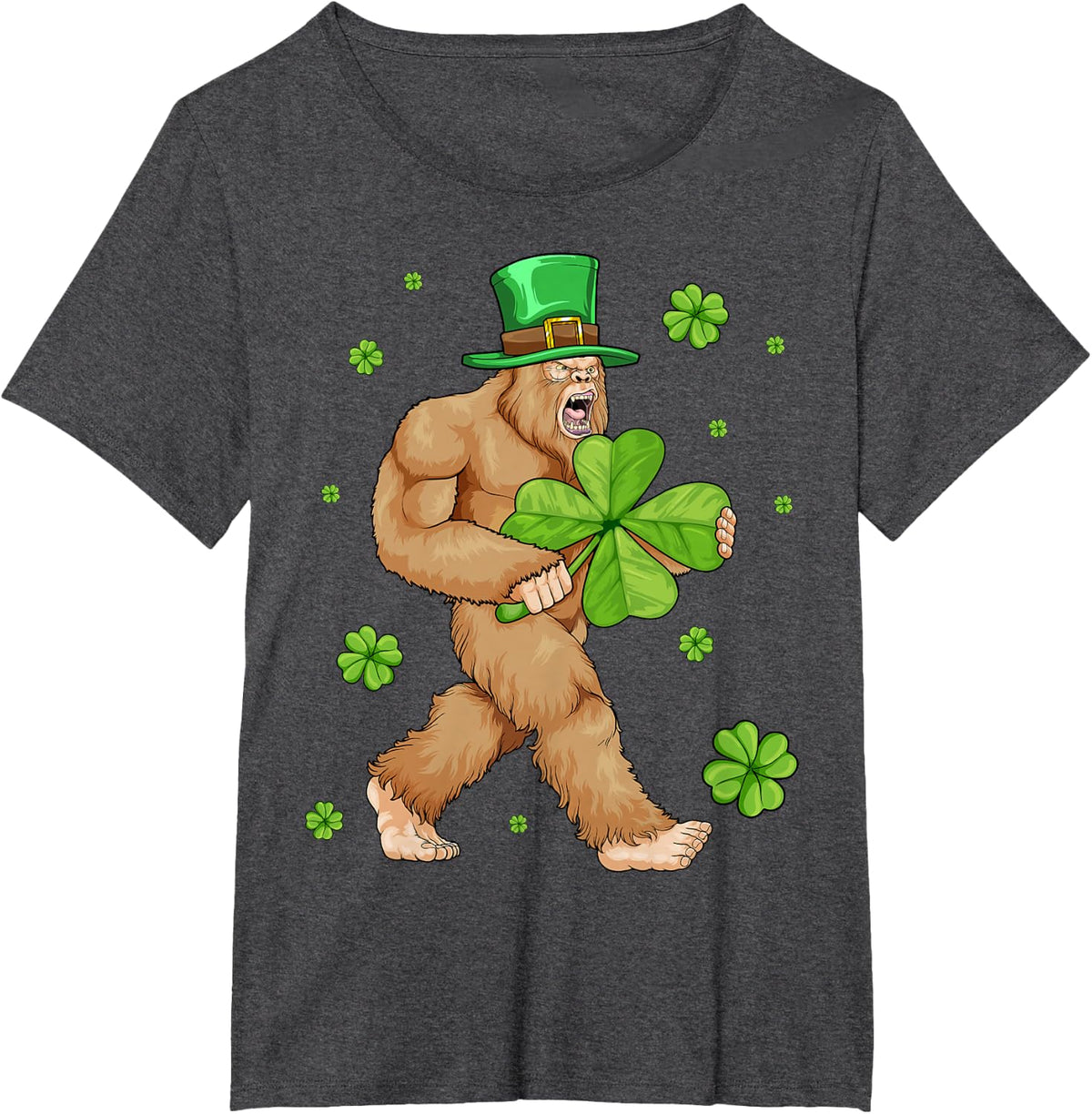 Irish Bigfoot St Patricks Day Leprechaun Sasquatch Shamrock T-Shirt - Dark Heather Grey