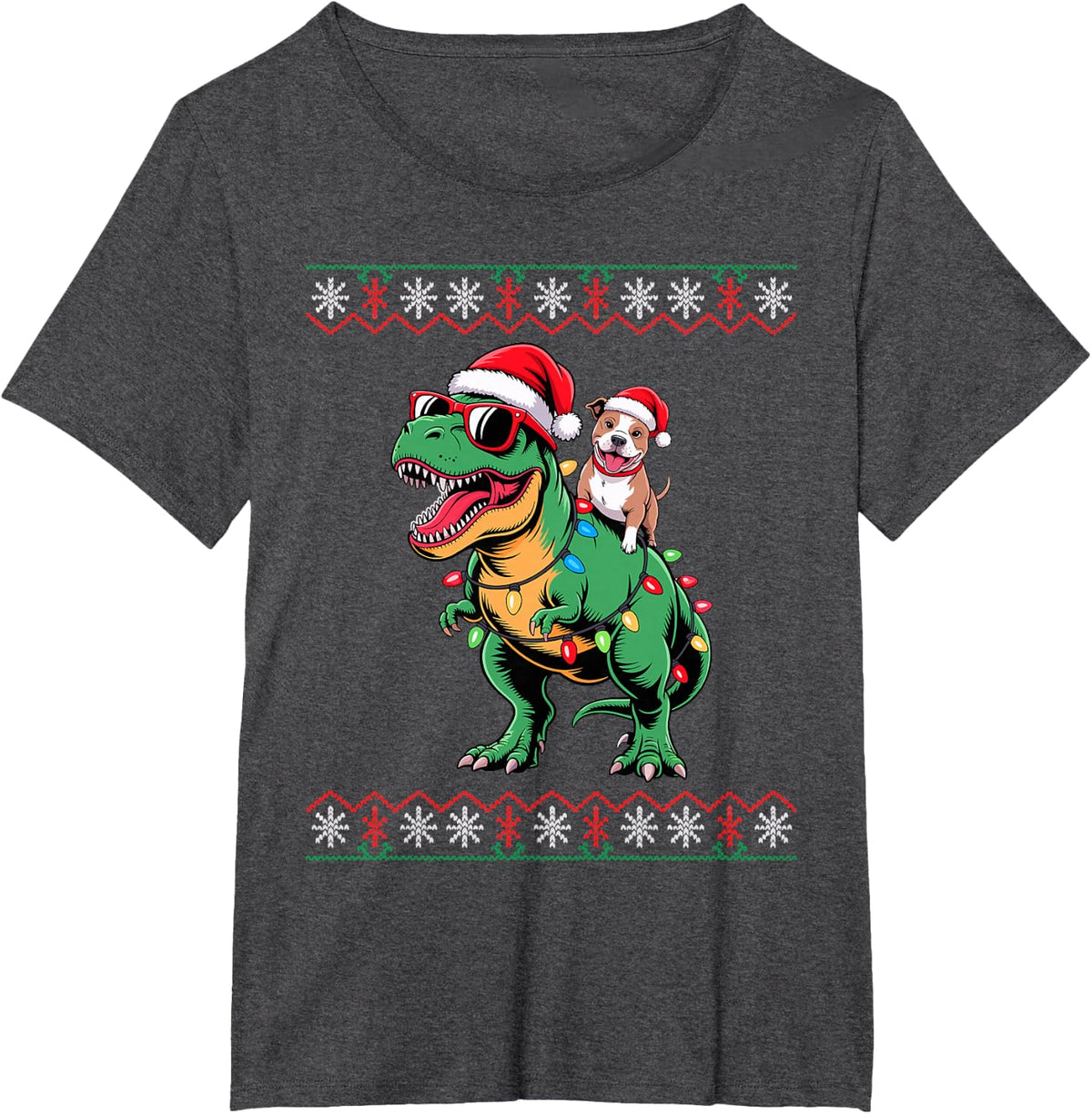 Christmas Staffordshire Bull Terrier T-Rex Dinosaur Staffy T-Shirt - Dark Heather Grey