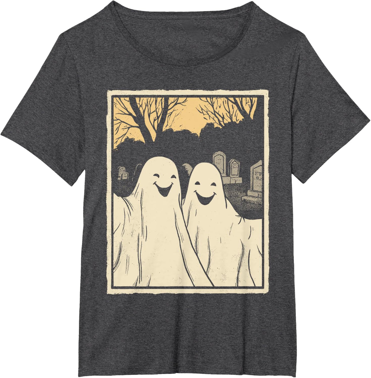 Funny Vintage Ghosts Selfie Halloween Spooky Graveyard T-Shirt - Dark Heather Grey