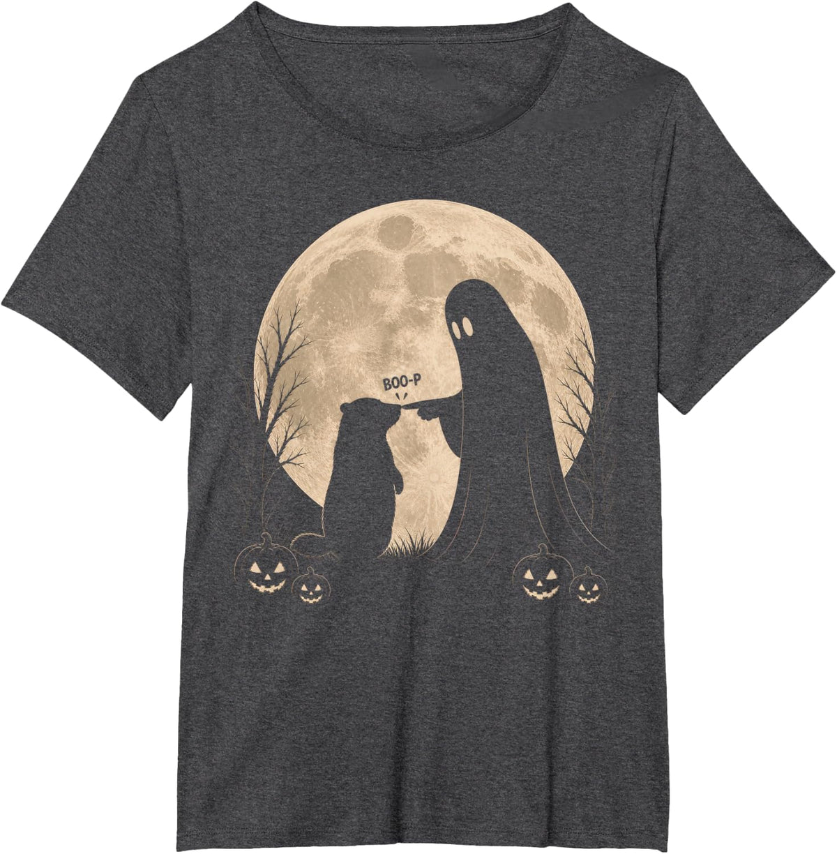 Retro Groundhog Boop Ghost Halloween Moon T-Shirt - Dark Heather Grey