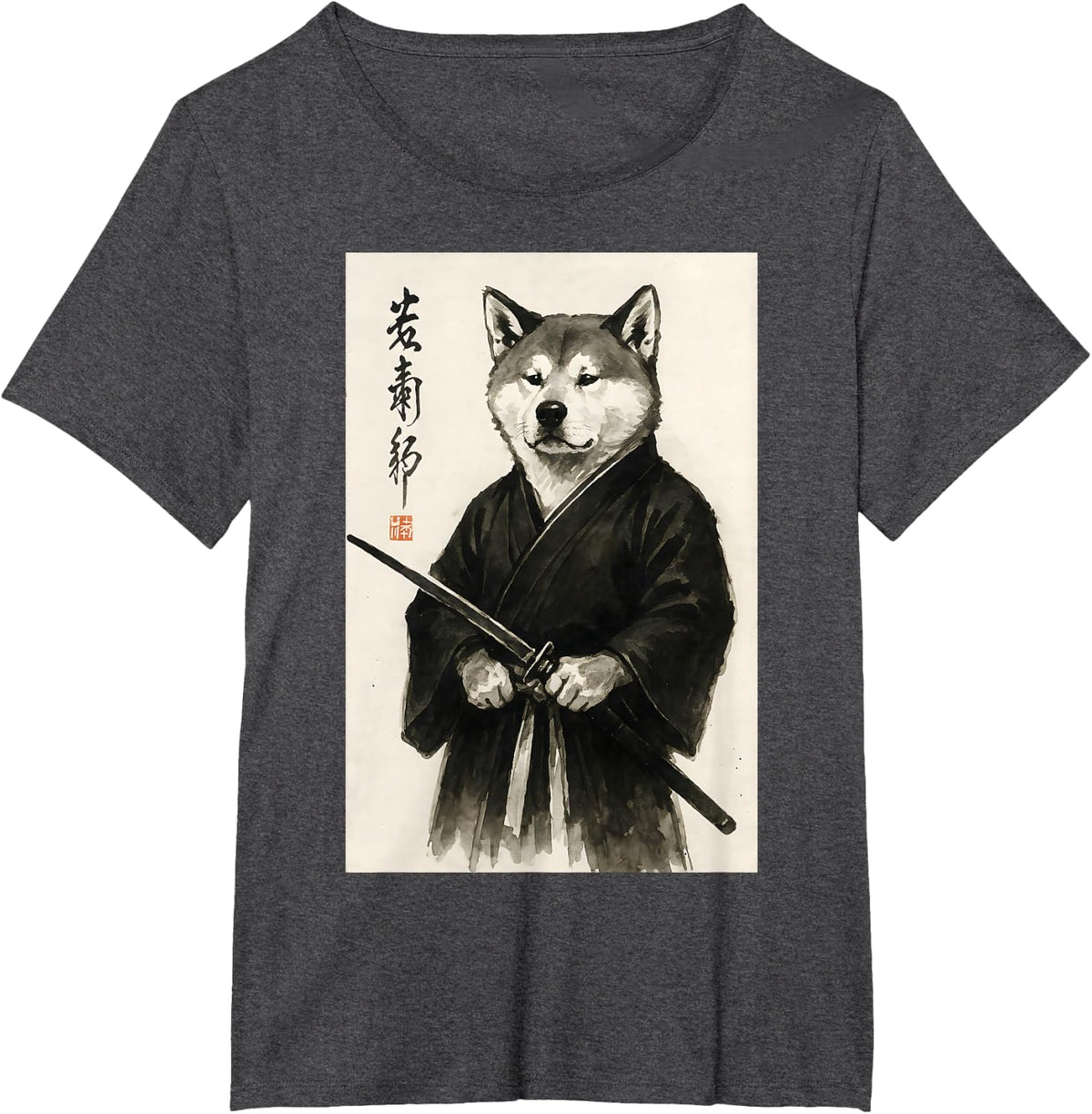 Traditional Sumi-e Aesthetic Warrior Japanese Akita Inu T-Shirt - Dark Heather Grey