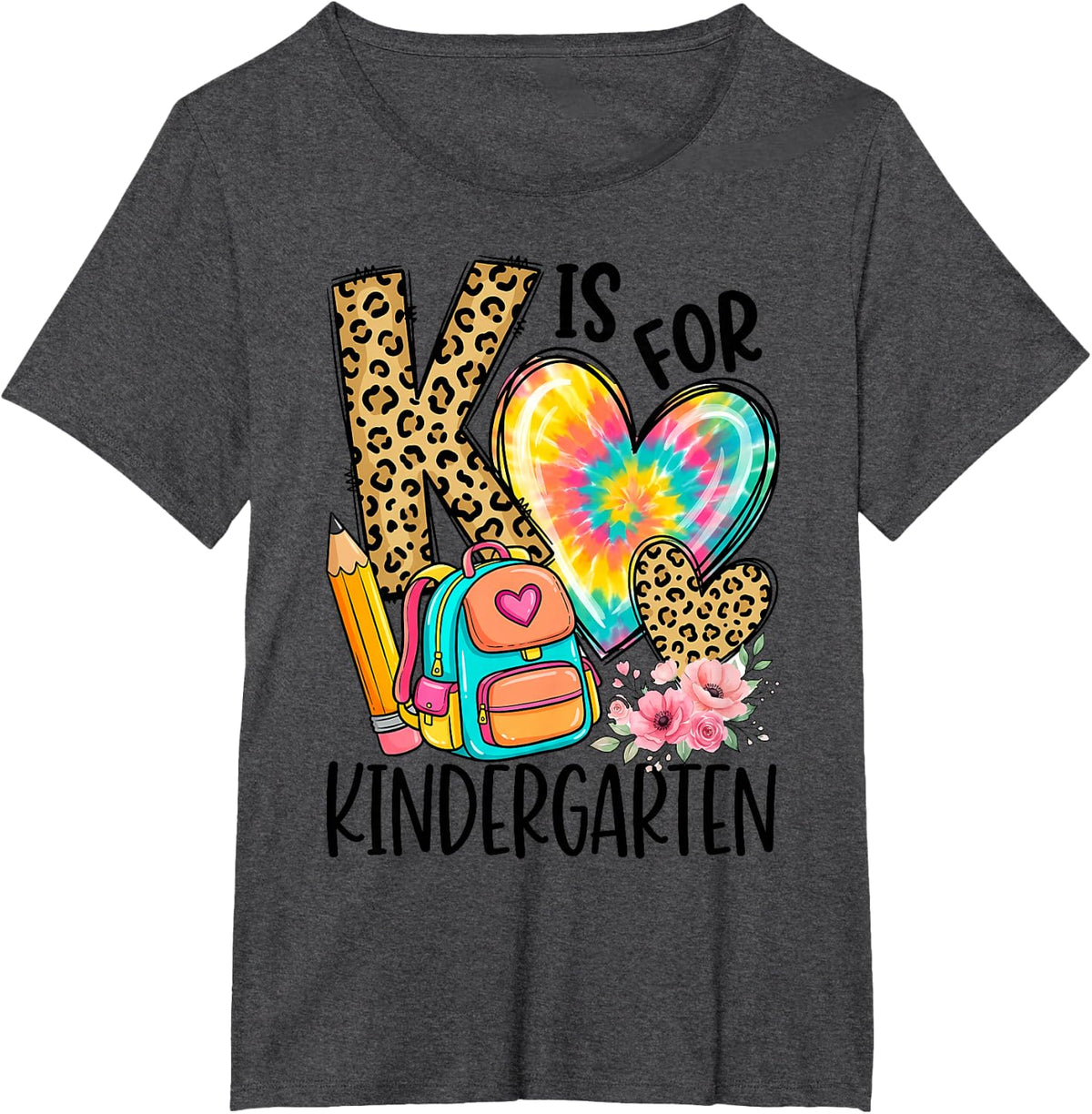 K is for Kindergarten Teacher Leopard Heart Back to School T-Shirt - Dark Heather Grey