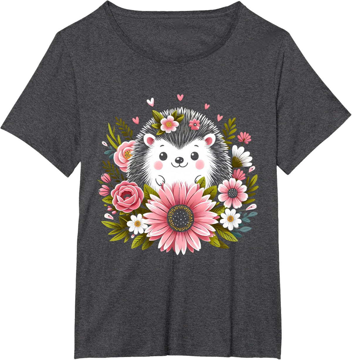 Cute Hedgehog With Flowers Shirt Funny Hedgehog T-Shirt - Dark Heather Grey