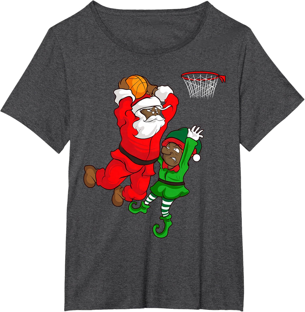 Basketball Black African American Santa Claus Dunk Elf T-Shirt - Dark Heather Grey