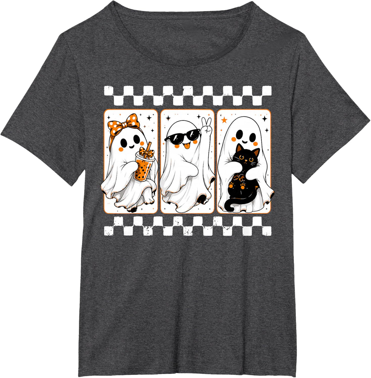 Halloween Cute Ghosts Pumpkin Black Cat Funny Halloween T-Shirt - Dark Heather Grey
