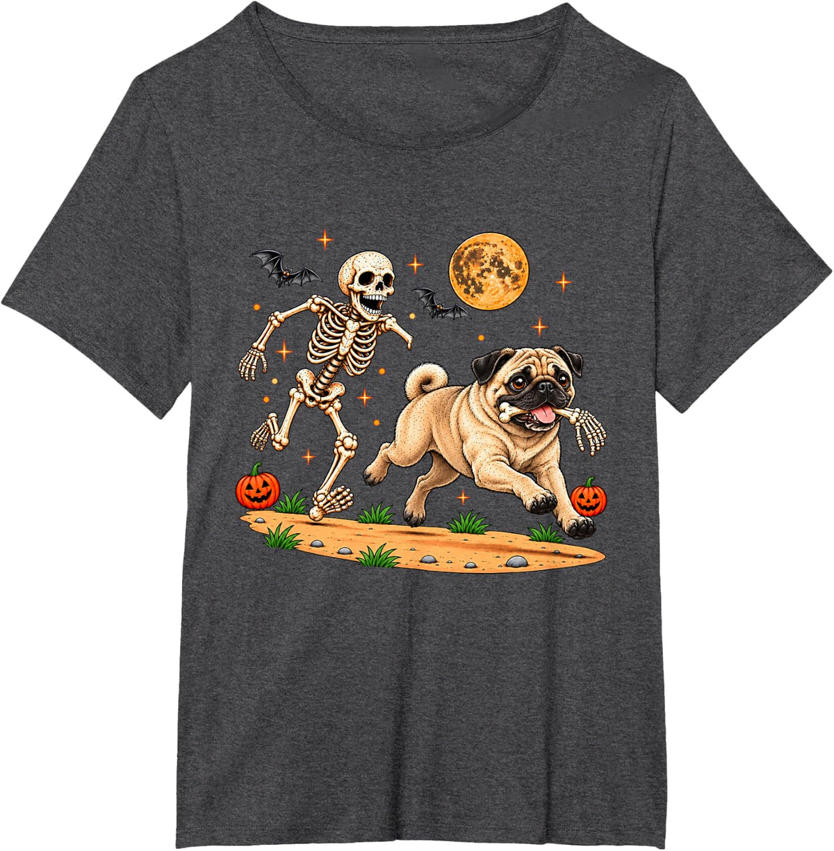 Funny Skeleton Chasing Pug Halloween Dog Mom Pet Lover T-Shirt - Dark Heather Grey