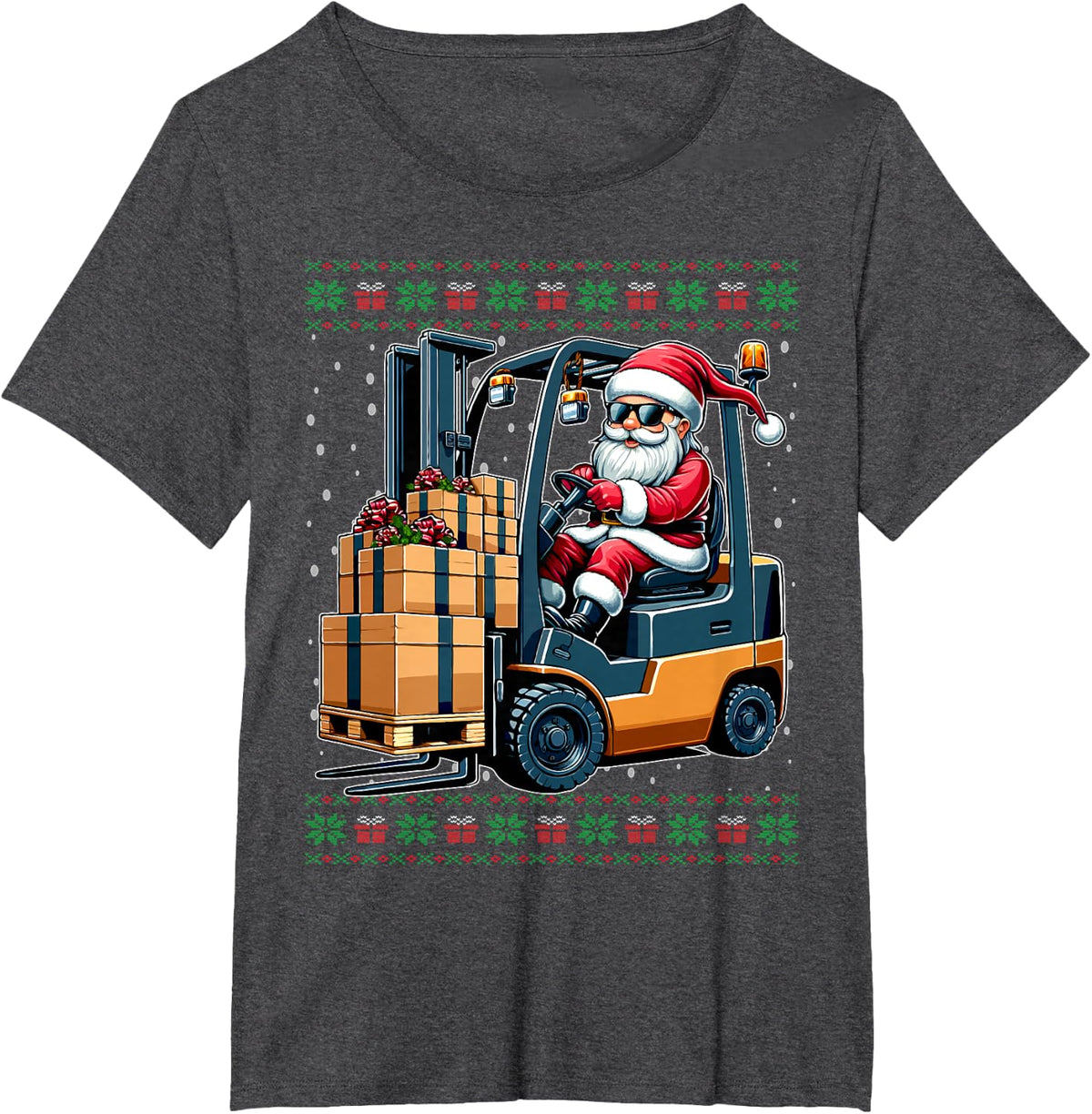 Christmas Santa Forklift Driver Ugly Christmas Sweater T-Shirt - Dark Heather Grey