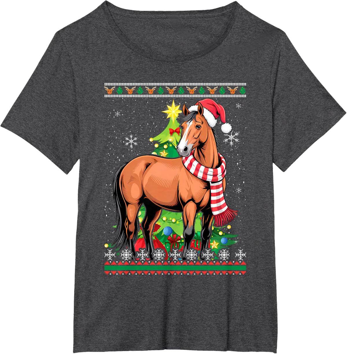 Santa Horse Ugly Sweater Animals Christmas Pajama T-Shirt - Dark Heather Grey