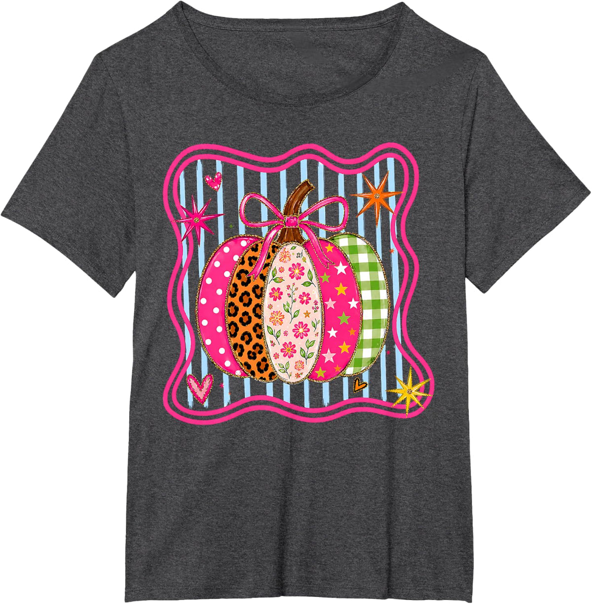 Preppy Fall Pumpkin Floral Leopard Girly Grandmillennial T-Shirt - Dark Heather Grey