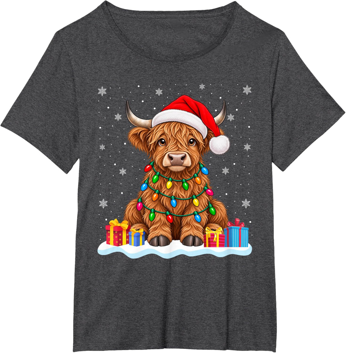 Funny Highland Cow Christmas Sweater Santa Hat Highland Cow T-Shirt - Dark Heather Grey