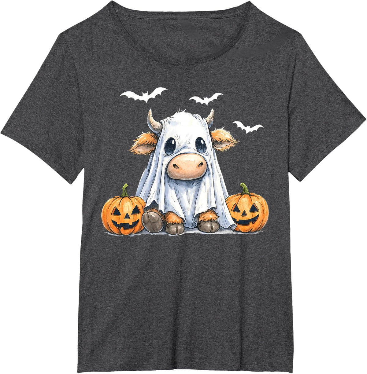 Highland Cow Ghost Funny Halloween Spooky Pumpkin Hello Fall T-Shirt - Dark Heather Grey