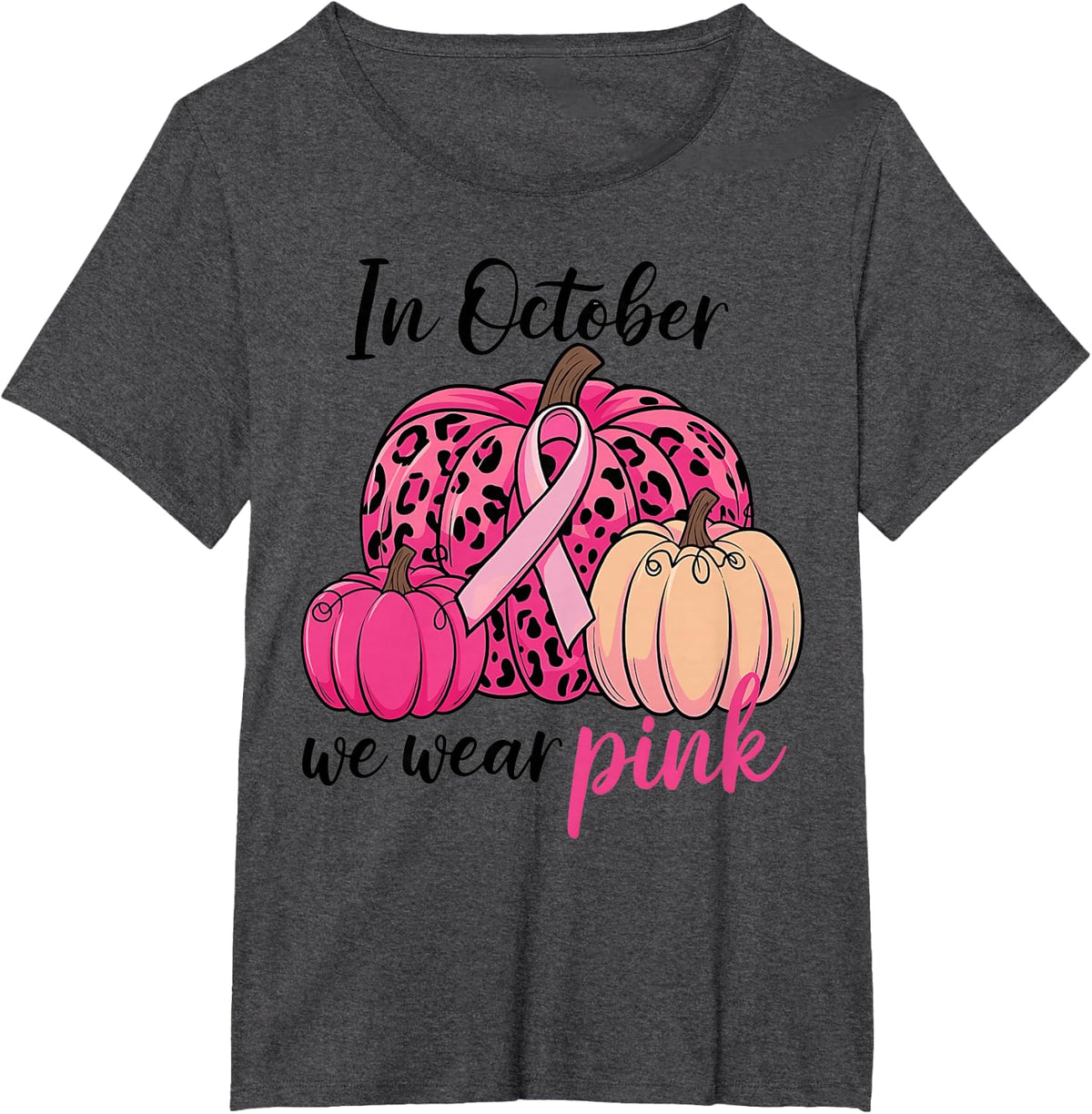 in October We Wear Pink Pumpkin Leopard Breast Cancer Awareness T Shirt Tee - Dark Heather Grey