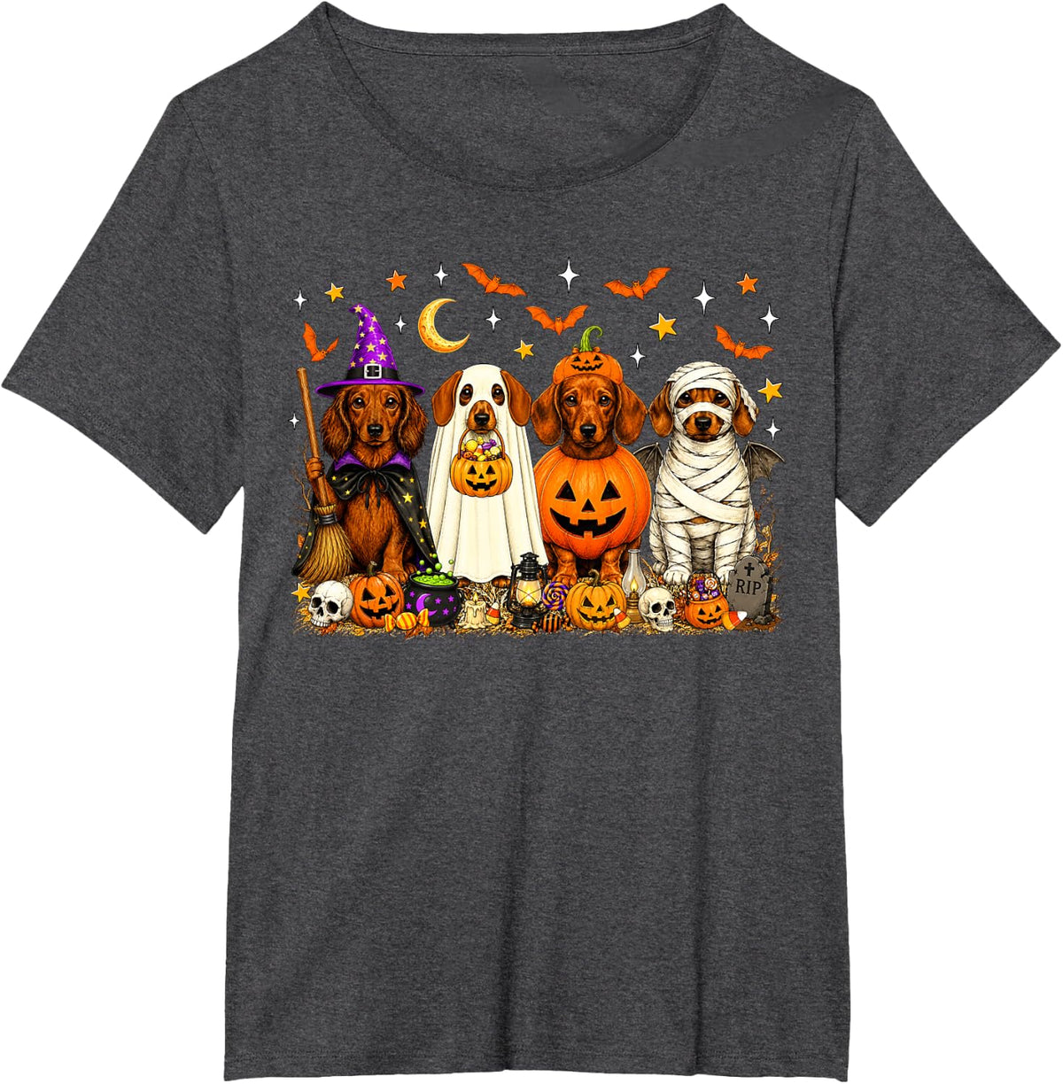 Cute Dachshund Ghost Witch Pumpkin Halloween Dog Lovers Kids T-Shirt - Dark Heather Grey