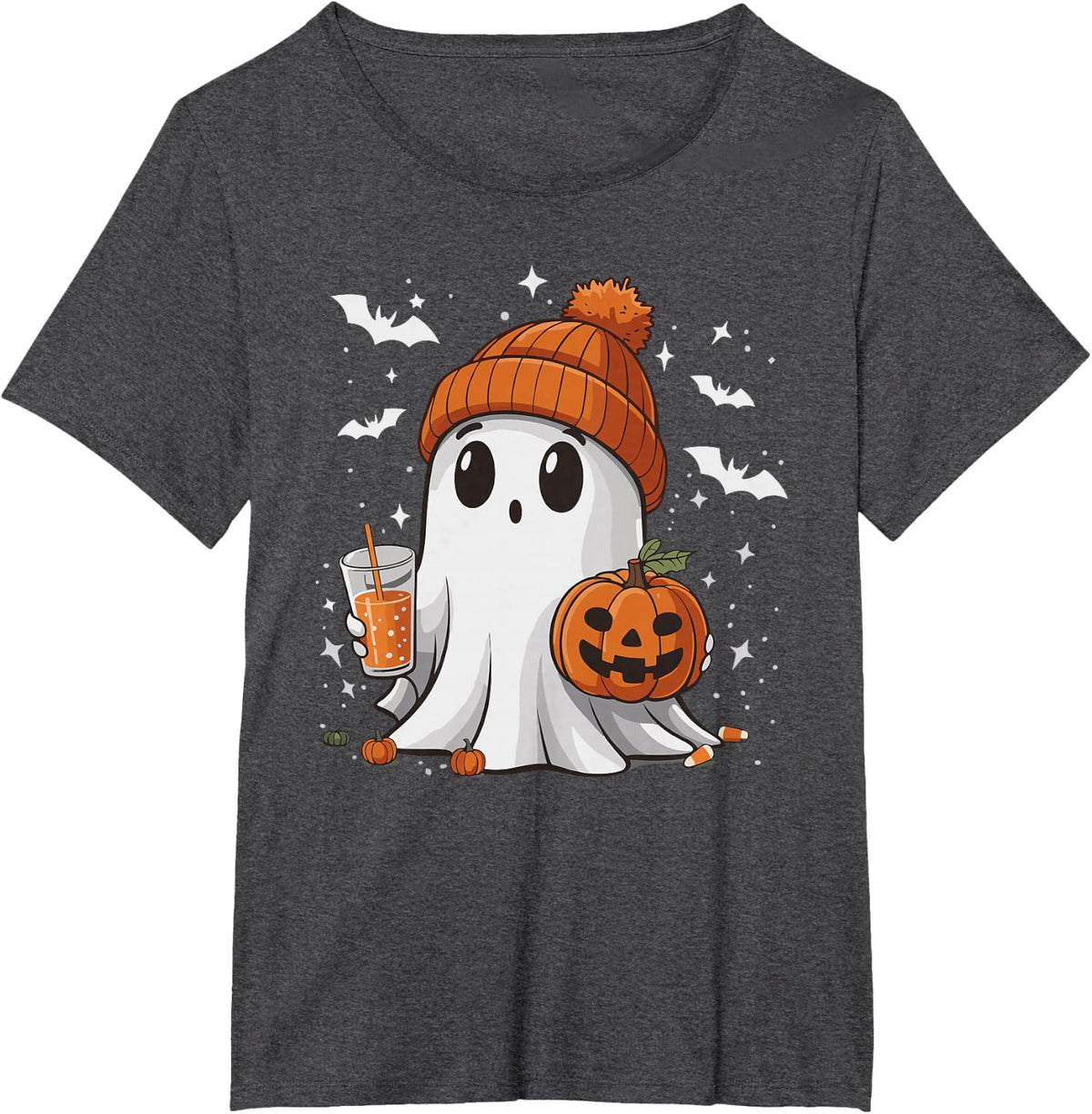 Cute Halloween Ghost with Pumpkin Spice Drink Spooky Season T-Shirt - Dark Heather Grey