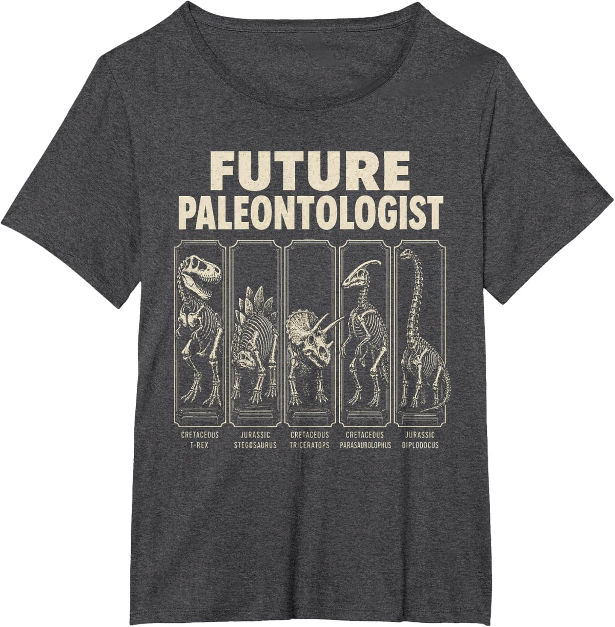 Dinosaur Future Paleontologist T Rex Skeleton Fossil Chart T-Shirt - Dark Heather Grey