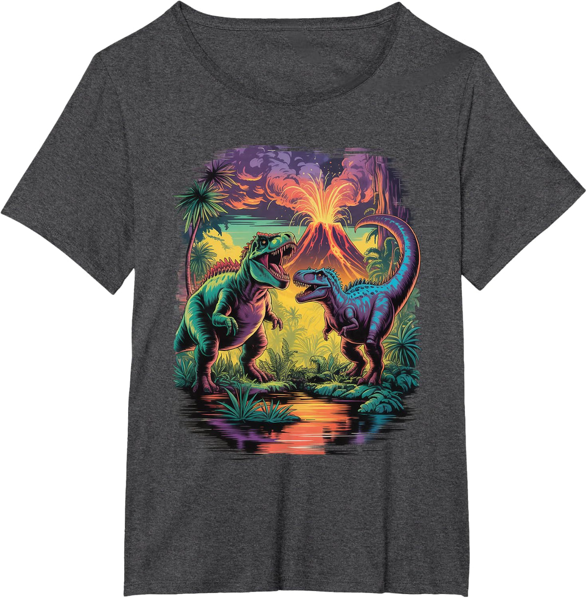 Vintage Retro 90s Airbrushed Dinosaur Volcano Scene T-Shirt - Dark Heather Grey